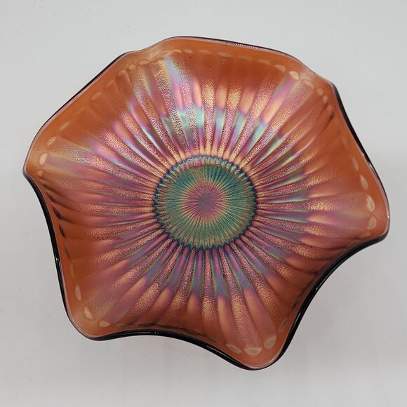 Vintage Carnival Glass Bowl Double Crimped Vertical Rays 9.5" Diameter - Picture 7 of 9